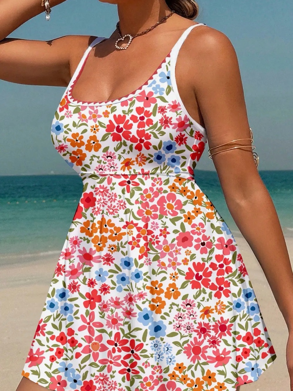 Floral Scoop Neck Summer one piece swim Dress - White Base with Multicolor